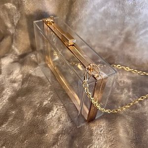 Clear Acrylic Clutch bag with detachable strap and hasp closure.